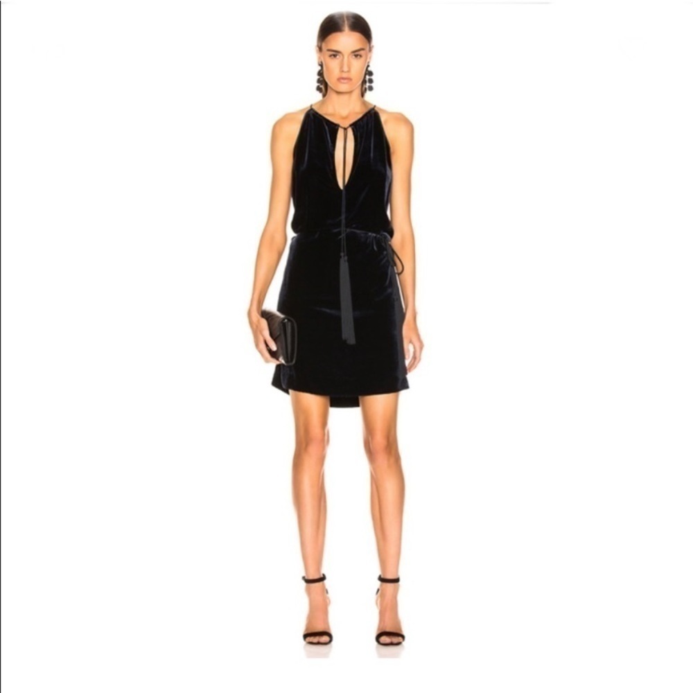 Nili Lotan Jamie Velvet Navy mini halter Dress Tassels NWT